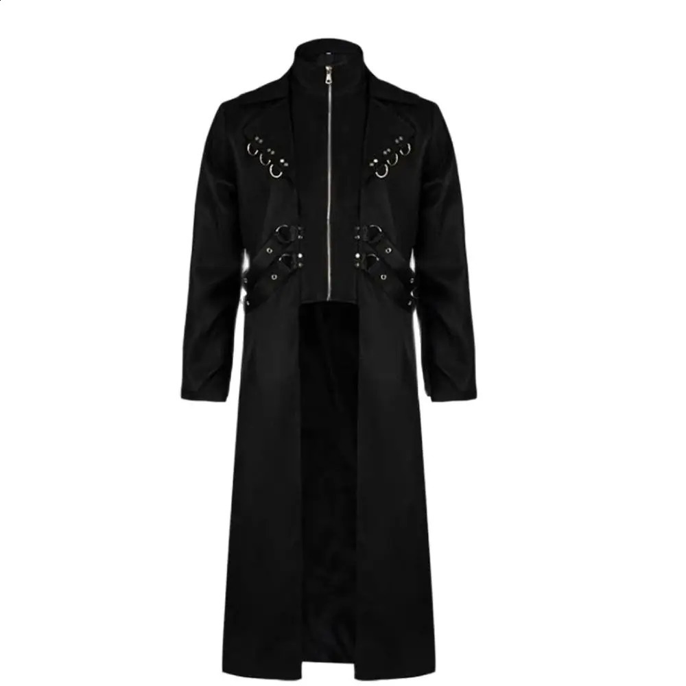 Punk Outerwear Medieval Man Trench Coat Black Mens Jacket Steampunk Windbreaker Gothic Clothing Halloween Costume 240822