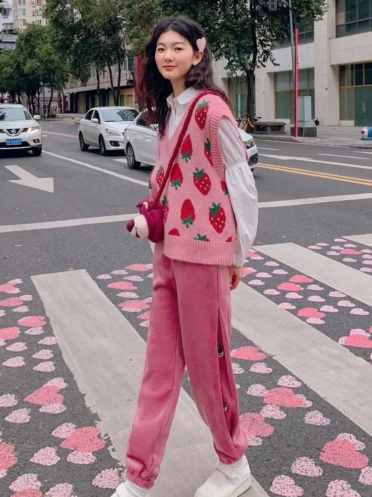 Sweater Vests Women Pink Knitwear Strawberry-print Harajuku Sweet All-match Chic Soft Casual Classic Simple Streetwear 240823