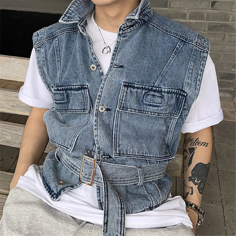 Vintage Sleeveless Cargo Jacket Streetwear Casual Denim Vest Men Fashion Coats Male Waistcoat Loose Clothing Jeans Gilets 240822