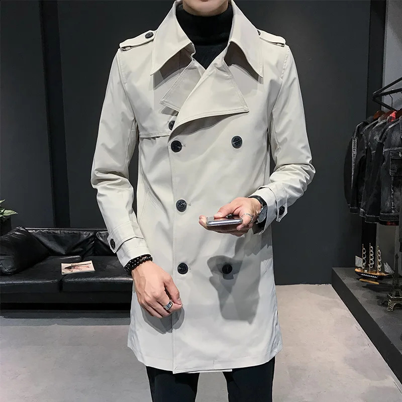 Mens Double Breasted Trench Coat Mens Off White Trench Coats British Mens Long Jackets English Cloak Classic Windbreaker Elegant 240822