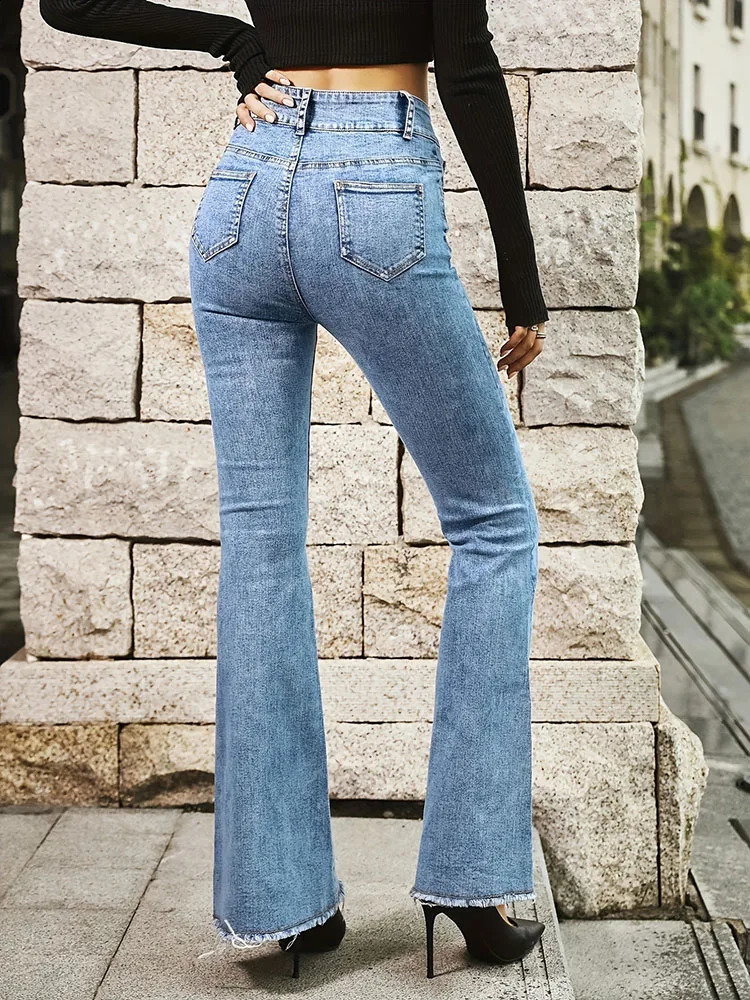 Womens Flare Elastic Retro High Waist Jeans Tight Bell Bottom Tassel Denim Pants Y2K Double Button 240823
