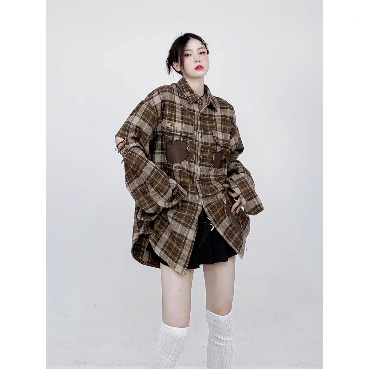 American Plaid Shirt Mens Spring and Autumn New China-chic Design Patch Hole Shirt Coat