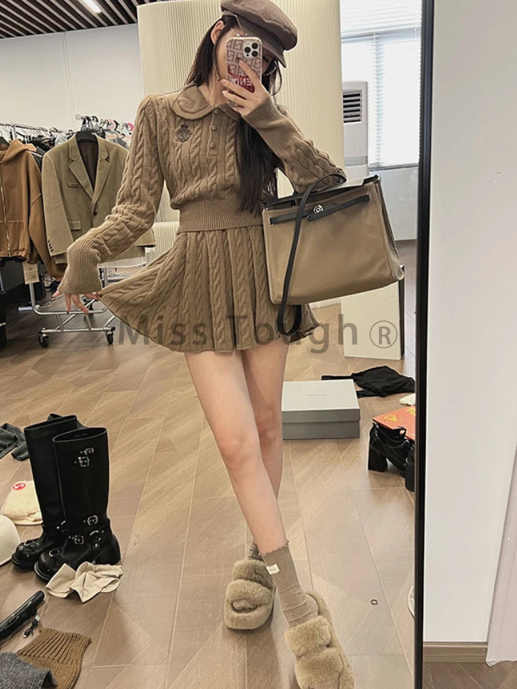 Winter Kawaii Knitted Two Piece Skirt Set Women Vintage Sweater Party Mini Skirt Suit Female Korean Fashion Sweet Retro Set 240823