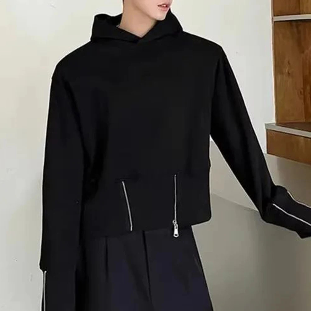 Mens Autumn Korean Y2k Waist Cuff Zipper Slim Waist Short Hooded Sweatshirt Essential Fashion Youth Solid Color Top For Men 240823