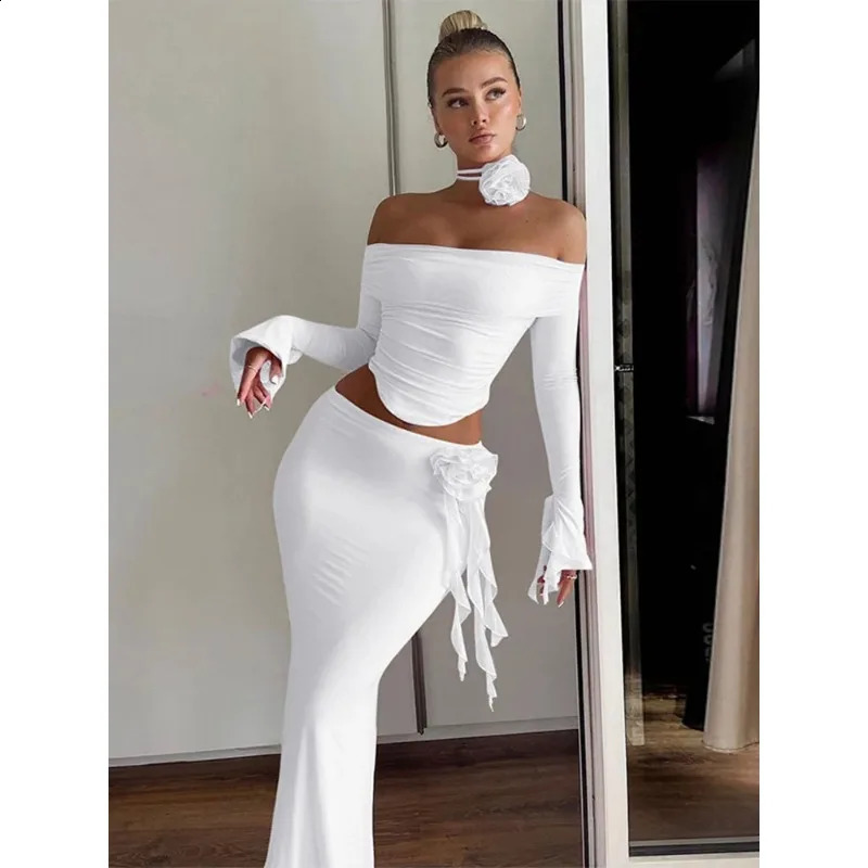 Flower Bodycon Skirt Sets Women Slim Sexy Backless Lace Up Tops Womens Party Elegant Dress 2 Piece Womens Suits Outfits 240823