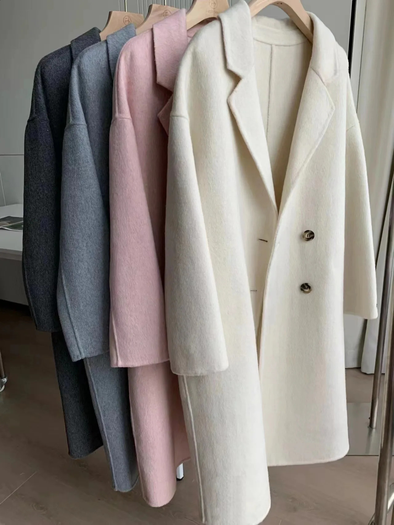 Autumn Women Drouble Breasted Woolen Coat Loose Style Cashmere Winter Clothes Long Coats Tops 240822