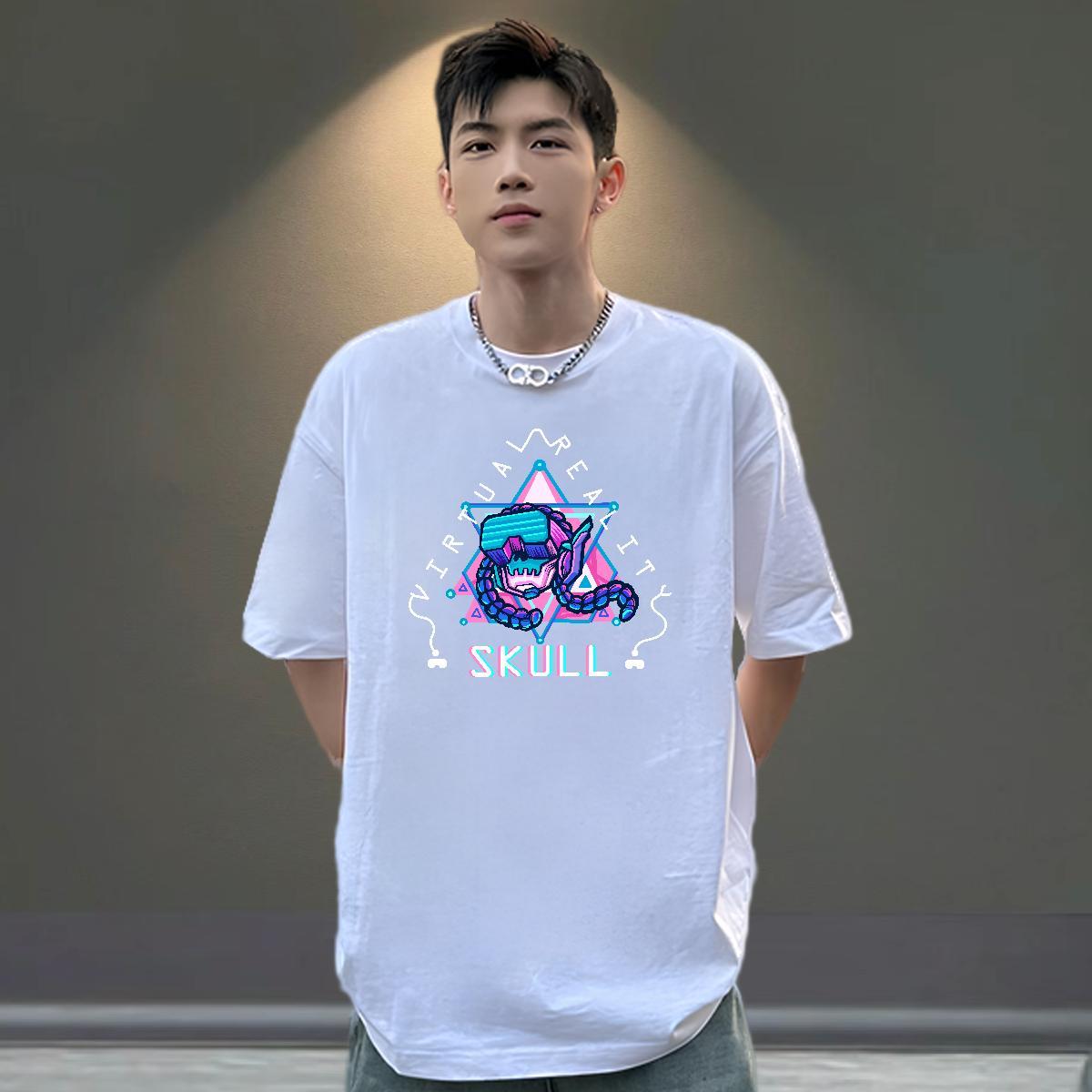 Loose Fit T-Shirts 230g 100% Cotton skull Sports Casual White Plus Size Breathable Short Sleeve Men Clothes T-Shirt 2024 DIY Polos