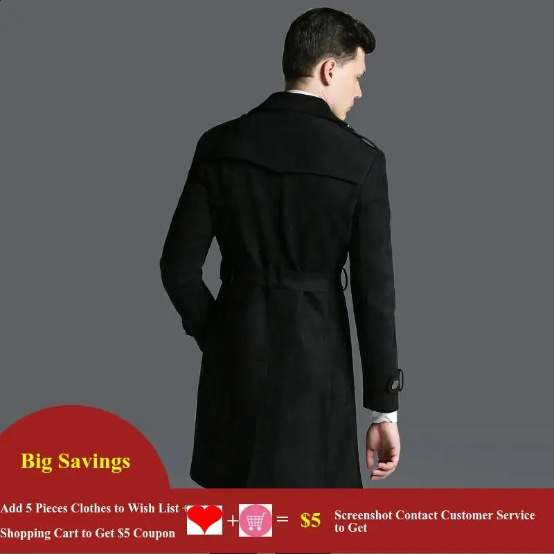 Men Autumn Casual Suede Trench Coat Spring Double Breasted Black Work Business Slim Fit Belted Army Green Trench Plus Size S-6XL 240822