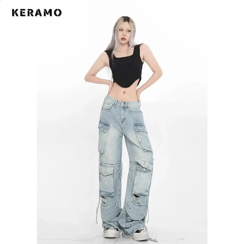 Casual High Waist High Street Style Blue Straight Jeans Vintage Pockets Lace-up Pants Womens Wide Leg Baggy Y2K Denim Trouser 240822
