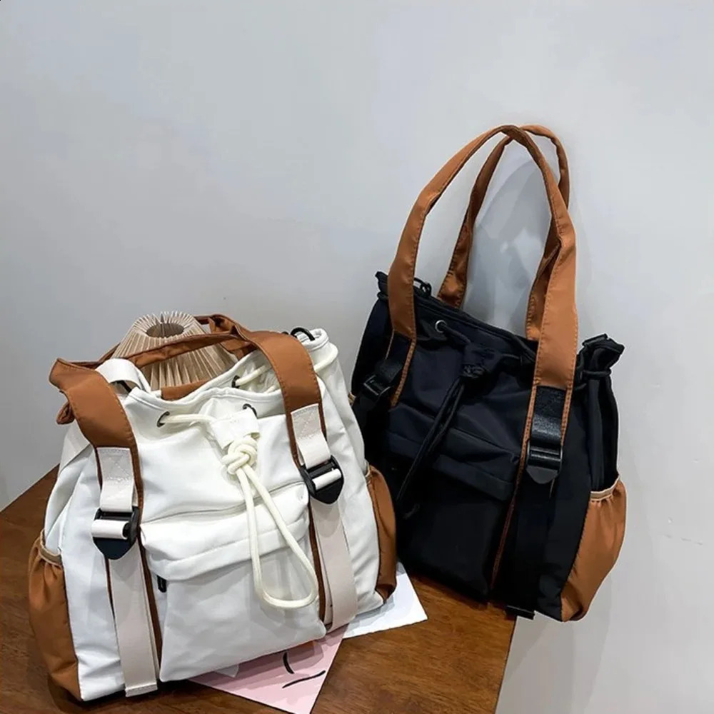 Splash proof Nylon Fabric Shoulder Crossbody Bags For Women Multi-pocket Drawstring Tote Bag Large Capacity Student Book Handbag 240823