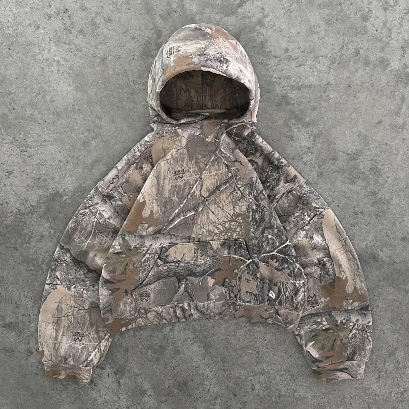Y2K retro mens printed camouflage pattern pullover sweatshirt street hip-hop streetwear oversized unisex camouflage hoodie 240823