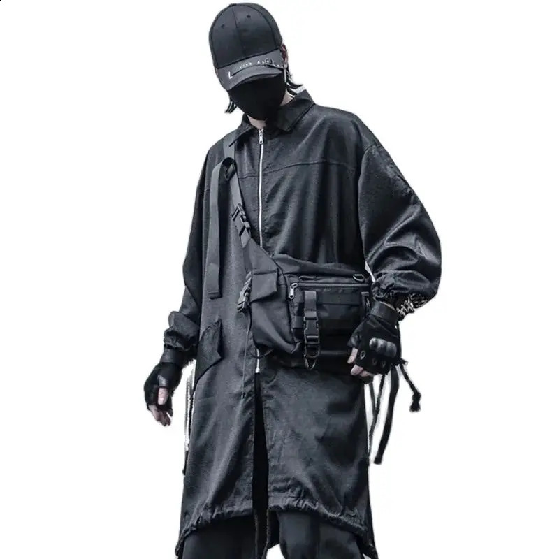 High Street Techwear Hip Hop Trench Coat Long Jackets For Men Drawstring Patchwork Cloak Gabardina Hombre 240822