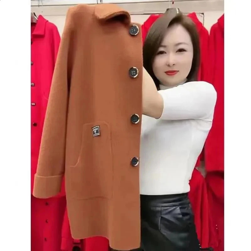 5XL High End Large Size Women Double-sided Cashmere Woolen Coat Autumn Middle Aged Female Korean Loose Mid-Long Wool Outwear 240822