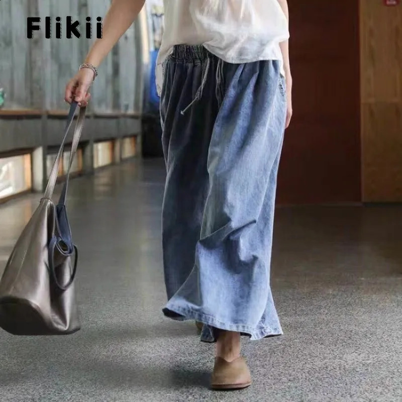American retro elastic waist oversized jeans womens casual bag pocket Y2K pants wide leg Grunge streetwear solid denim Trouser 240823