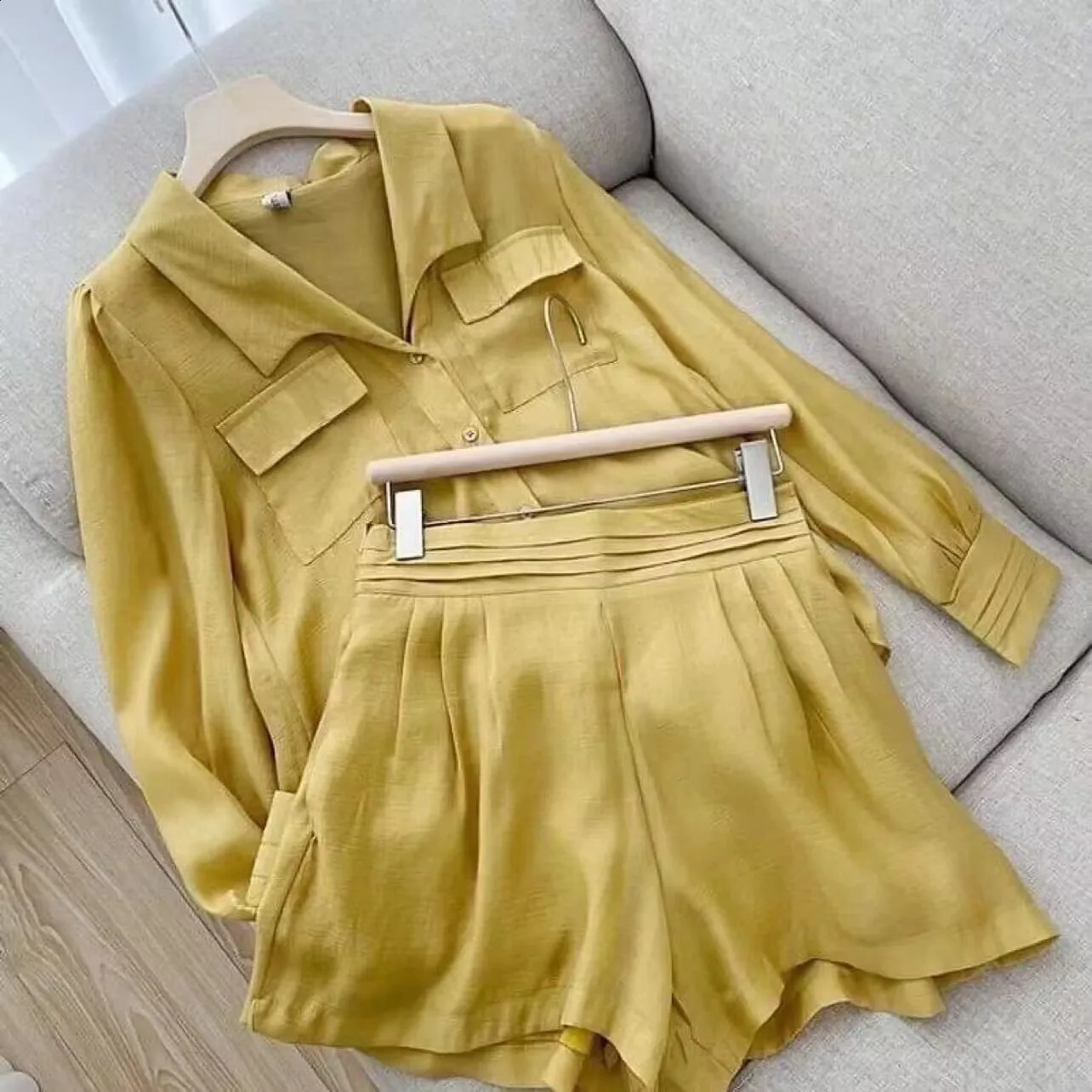 Style Sports Rest Fashion Loose Single breasted Pocket Set Top Shirt Flip Collar Shorts Solid Color Slim Fit Two Piece Set 240823