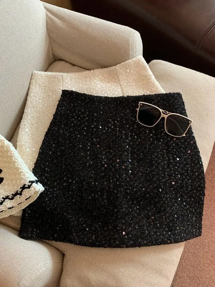 High waist slim girls wrap buttocks short black sequin skirt Aline small perfume thick tweed retro Faldas 240822
