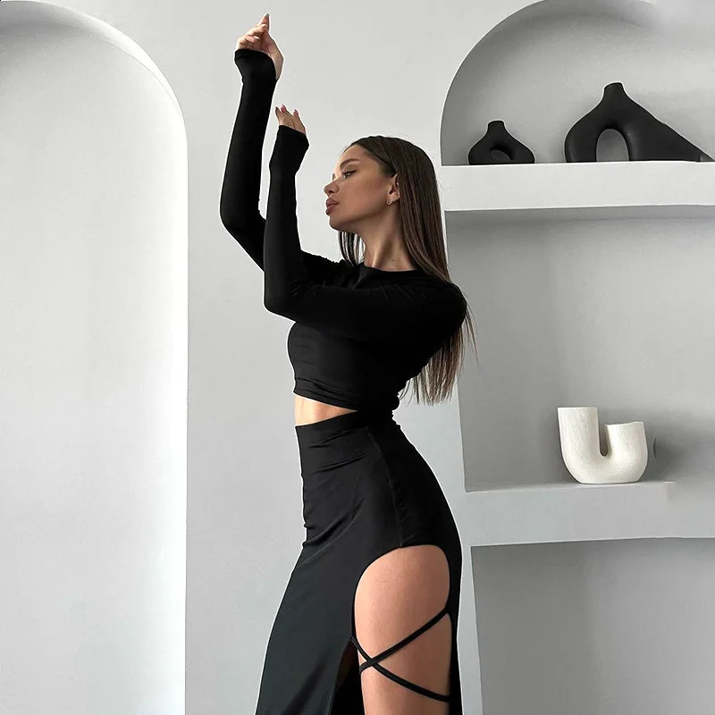 Summer Fashionable Two Piece Dress Set Long Sleeved Split Skirt Suit For Women Hollow Out Skinny Elegant Women Long Dresses 240823