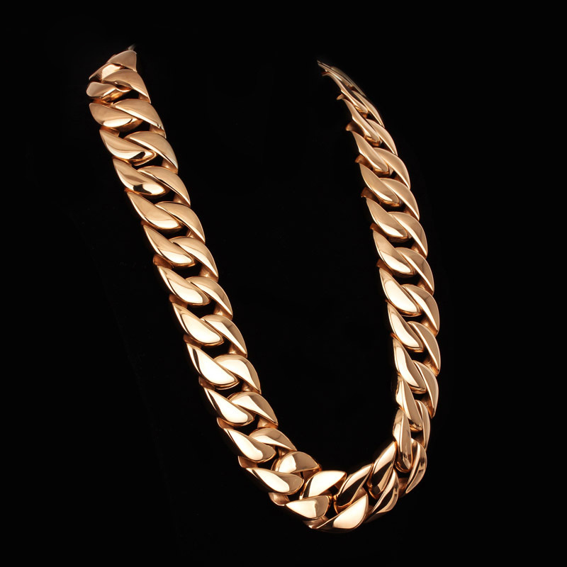 32mm Hip Hop Solid Stainless Steel Miami Cuban Chain Necklace 18K Real Gold Plated Mens Heavy Jewelry