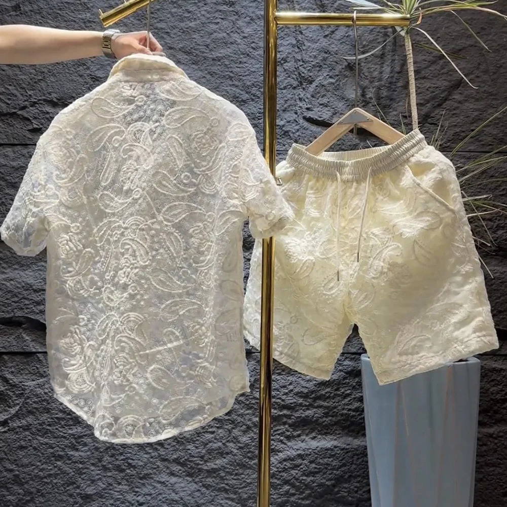 Mens Mesh Embroidery Transparent Shirt Shorts Two-Piece Suit Casual Breathable Light MenS Clothing Pants Are Not Transparent 240822