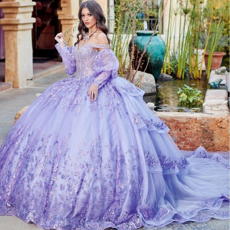 Lavender Shiny Off The Shoulder Quinceanera Dresses Beaded 3D Flowers Beads Crystal Puffy Tiered Luxury Sweet 16 Vestidos De 15 Anos