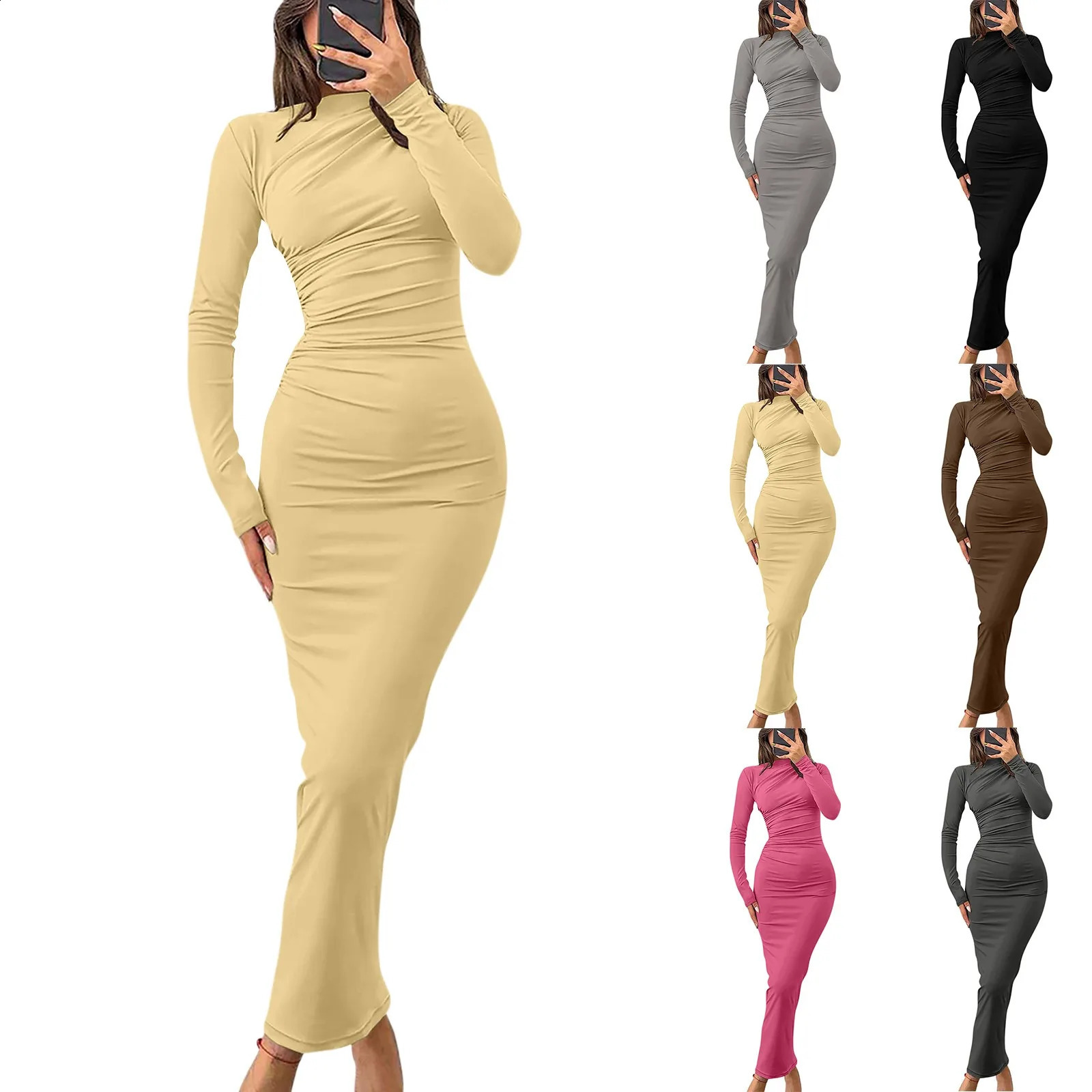 Women Bodycon Maxi Dresses Fall Long Sleeve Sexy Ruched Neck Slim Fit Cocktail Party Dress Elegant Gentle Temperament Dress 240823