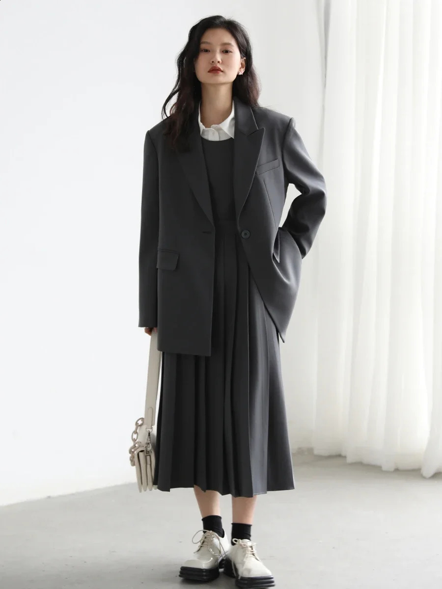 CHIC VEN Fashion Womens Blazer Wide Shoulder Suit Coat Pleated Dress Two-piece Set for Women Spring Autumn Office Lady 240823