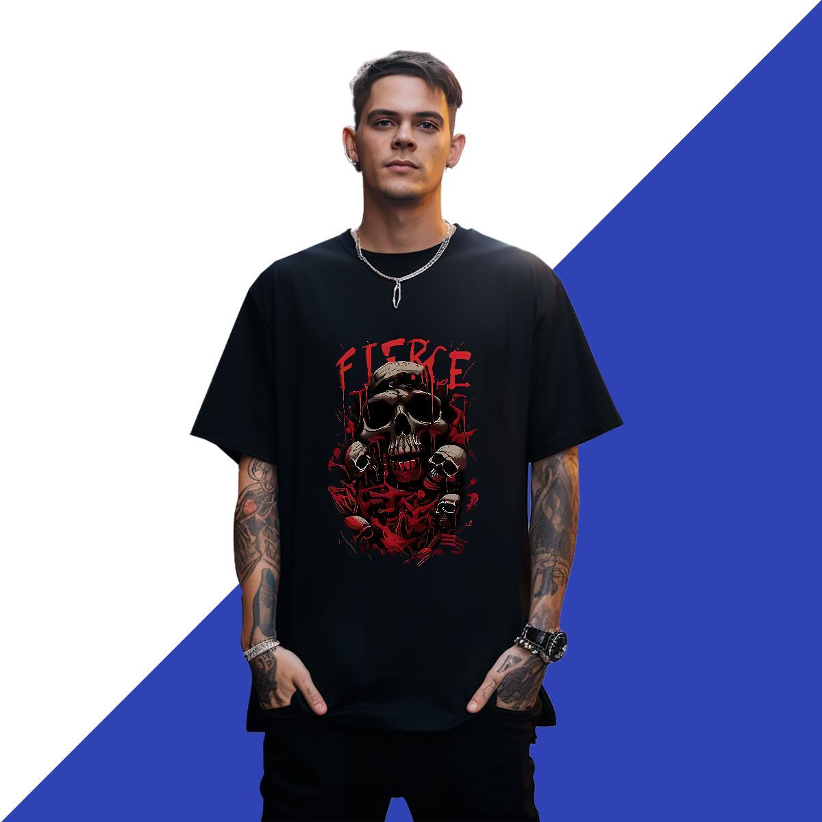 Unisex T shirt 230g Pure Cotton skull High Street Hip Hop Asian Size Crew Neck Couples T Shirts Brand Polos