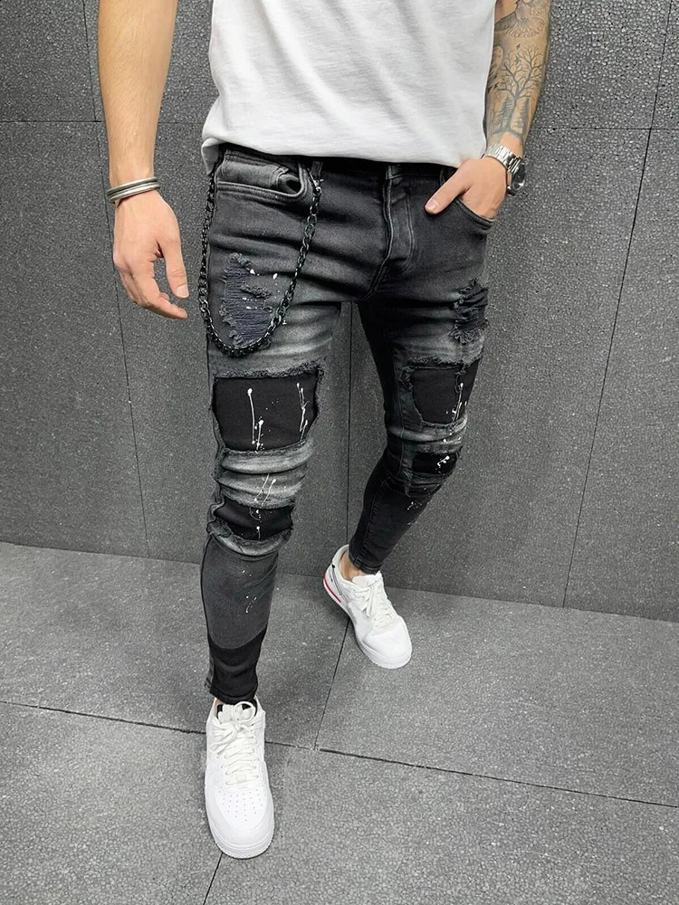 Black 90% Cotton Men Retro Wash Distressed Stretch Ripped Jeans Tight Hole PATCH Denim Pantalones Printing Zipper Joggers 240809
