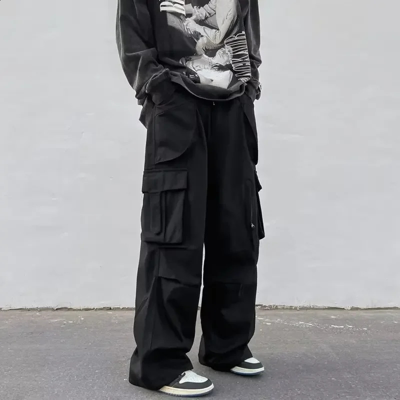Japanese style solid color wide leg pocket mens commercial pants loose on the street brushed straight casual 240823