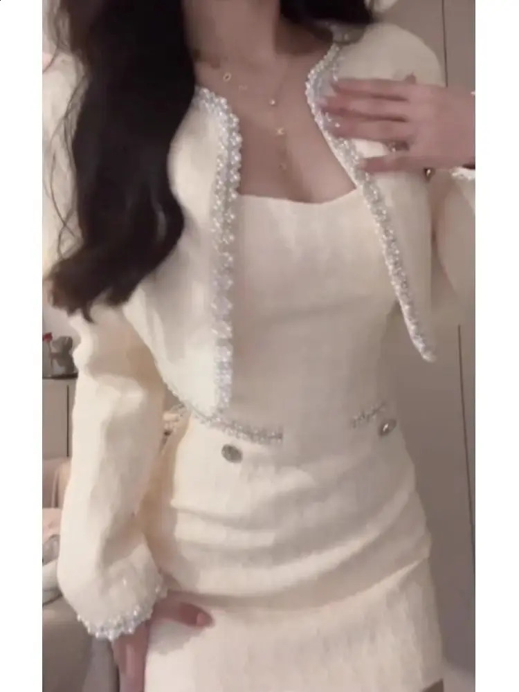 Temperament Thick Tweed Jacket Women Autumn Two Piece Sets Womens Outifits Camisole Dress Office Lady Clothes Tops 240823