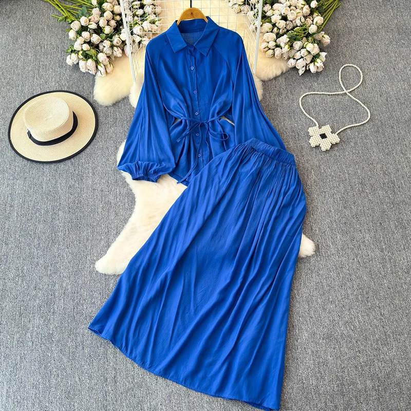 EWQ Casual Solid Color 2 Piece Sets For Women Lapel Collar Belt Gathered Waist Top Loose Long Simplicity Skirt 27X181 240823