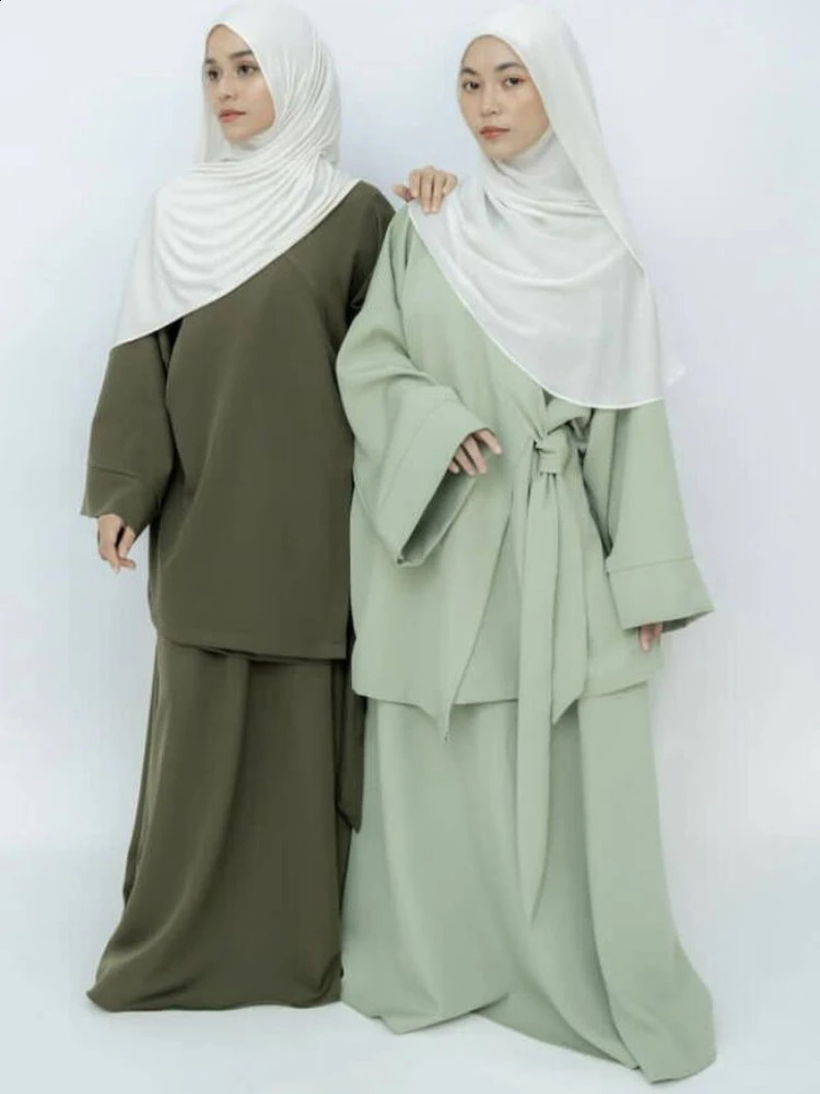 Eid Muslim Women Two Piece Set Kaftan Islam Lace Up Tops Skirt Suits Morocco Ensembles Abaya Turkey Ramadan Modest Outfits 240823