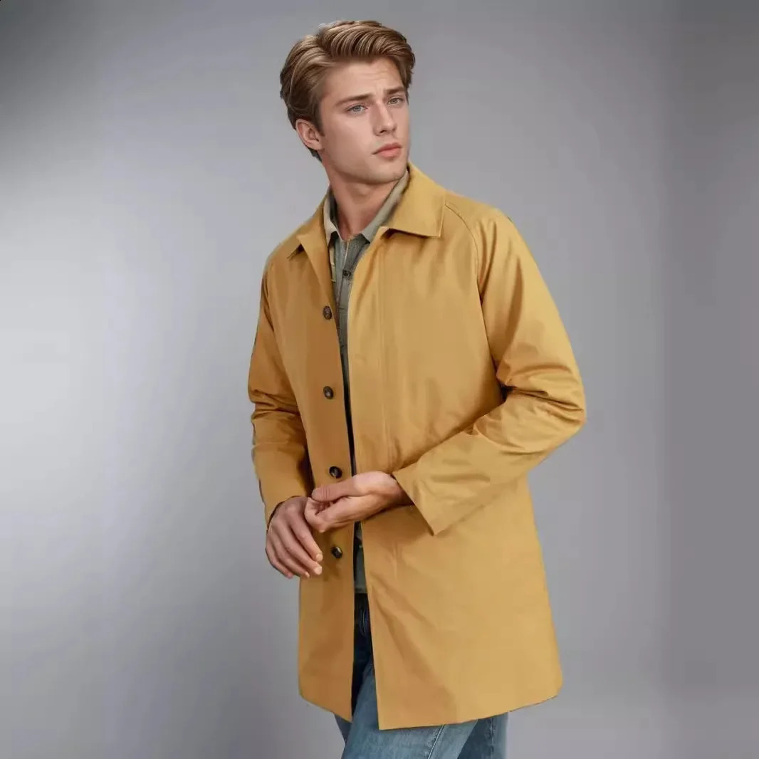European and American Mens Solid Color Lapel Slim Fit Single-breasted Casual Windbreaker Coat for Spring and Autumn 240822