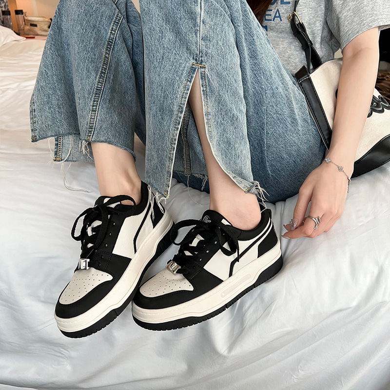Ddmysports Premium Version Genuine Leather Thick Soled For Women Spring New Black And White Sports Shoes Panda Board OUTDOOR