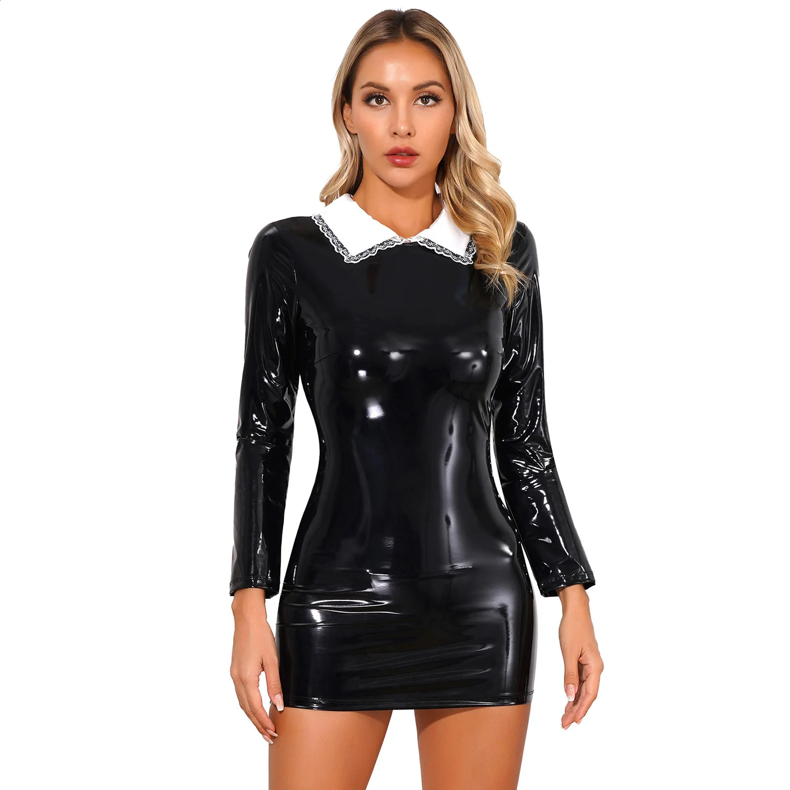 Womens Glossy Patent Leather Latex Mini Dress Long Sleeve Satin Collar Back Zipper Bodycon Dress Sexy Maid Cosplay Costume 240823