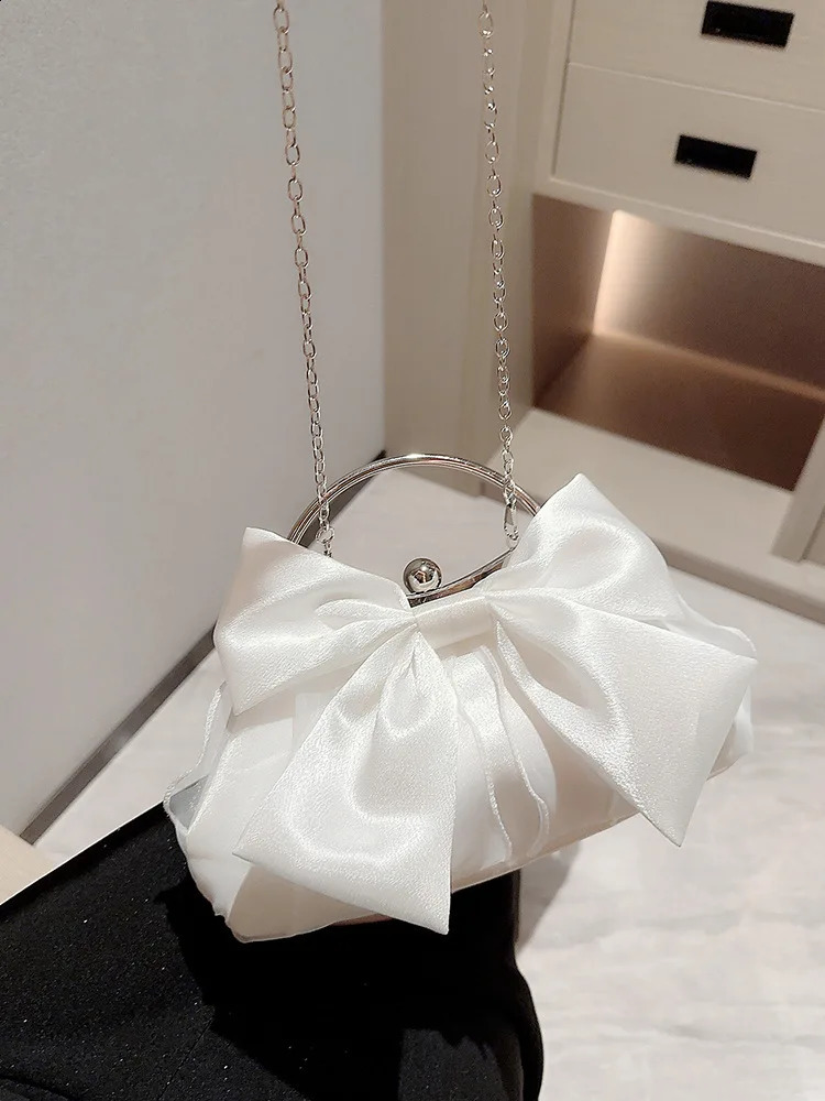 White Satin Bow Fairy Evening Bags Clutch Metal Handle Handbags For Women Wedding Party Bridal Clutches Purse Chain Shoulder Bag 240822z