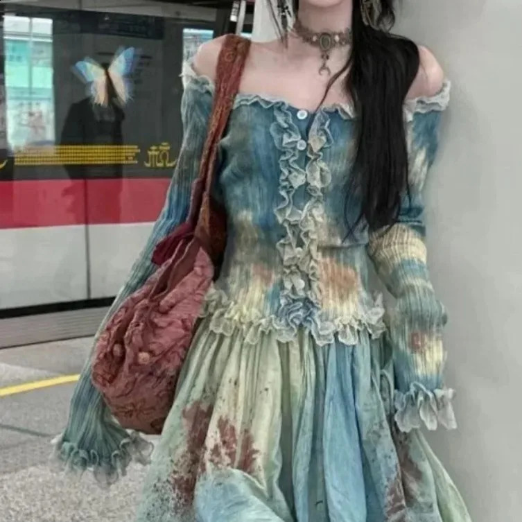 Elegant Vintage Tie Dye Slim Fit Fungus Long Sleeve Tops Women Y2k High Waist Ruched Skirts Two Piece Sets 240823