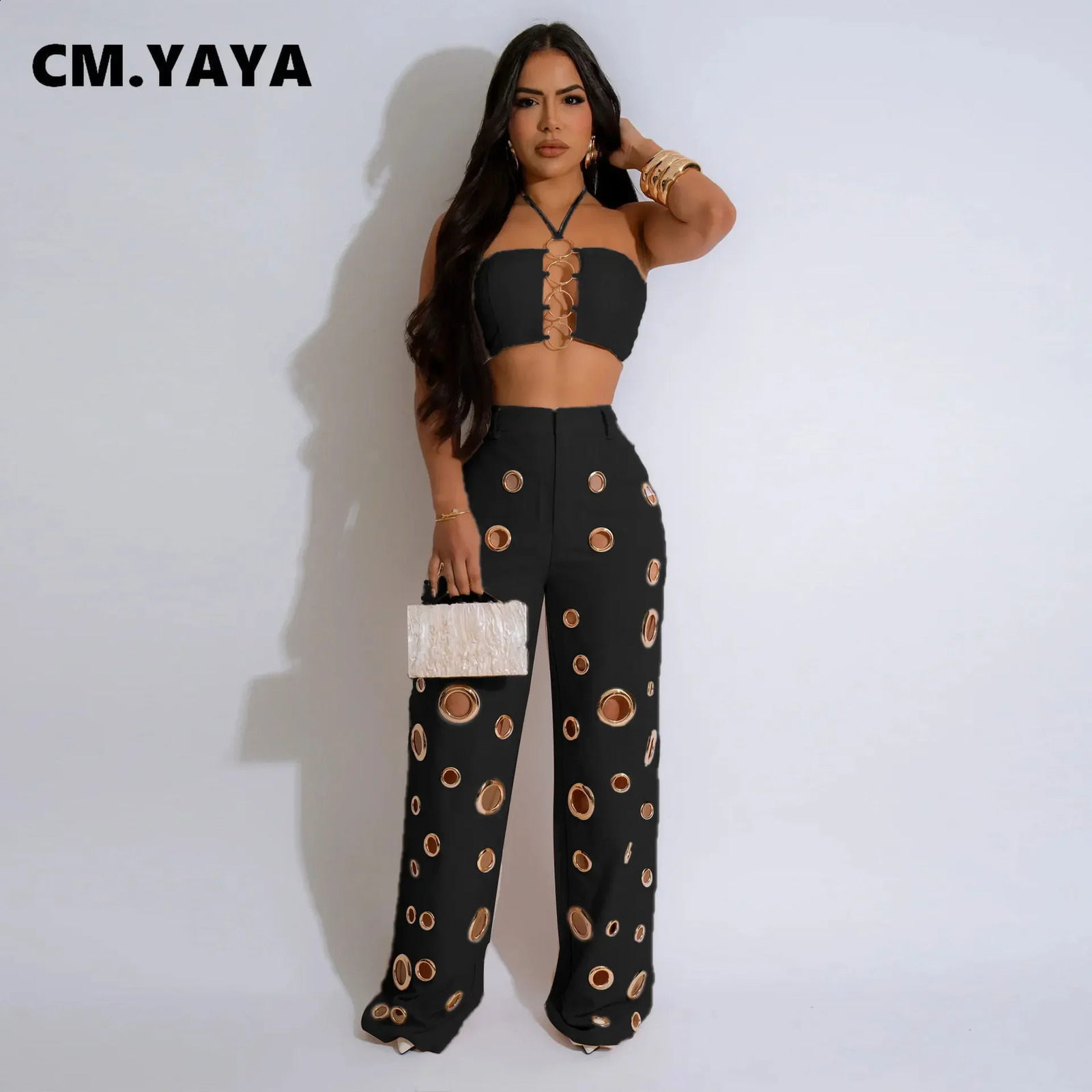 CM.YAYA Women Set Sleeveless Strapless Tops Wide Leg Pants Two 2 Piece Set Hole Hollow Out Outfit Summer Sexy Street Tracksuit 240822