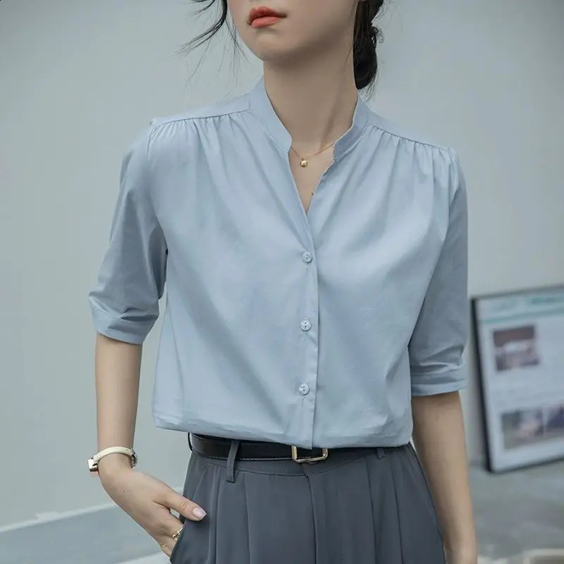 VNeck Minimalist Solid Color Summer Short Sleeve Top Office Womens Temperature Elegant Button Matching Shirt w240824