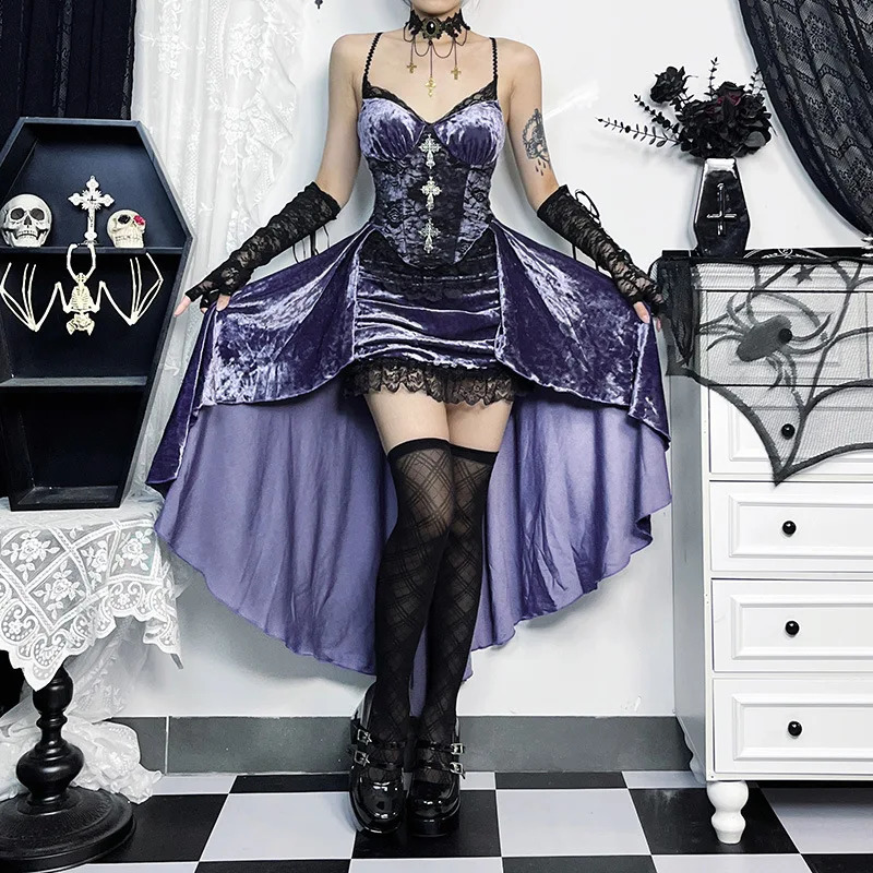 Goth Dark Gorgeous Victorian Gothic Velvet A-line Dress Womens Elegant Evening Dress Lolita Partywear Grunge Sling Lace Bottom Alt Cloth 240823
