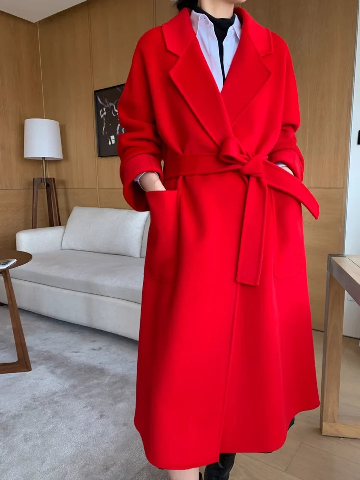 Double-Sided Cashmere Coat For Women In Autumn And Winter High-End Lapel Belt Loose And Long Knee Length Wool Woolen 240822