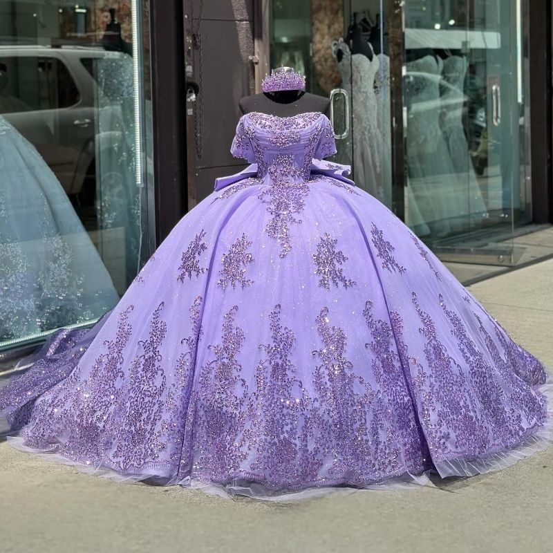 Luxury Lavender Sweet 16 Quinceanera Dresses Sequin Applique Lace Beads Crystal Tull Ball Party Birthday Dress Vestido De 15 Anos