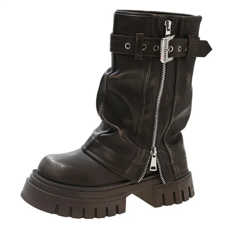 Wrinkled womens platform ankle Chelsea boots 2024 winter mid boots zipper motorcycle boots short and chubby Gothic snow pump Bottas 240823