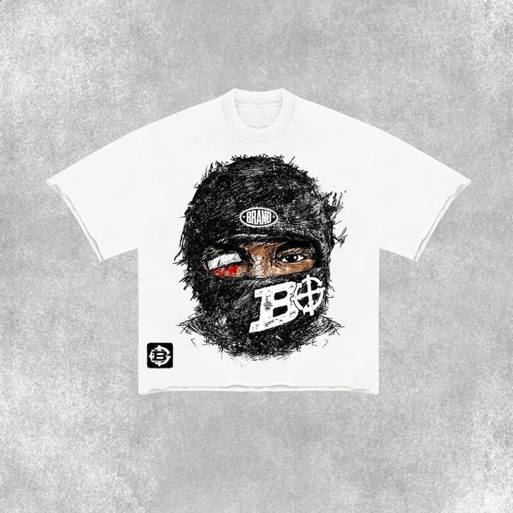 Street clothing Tshirt Y2K short sleeved top retro punk rock pattern oversized mens round neck cotton 240822