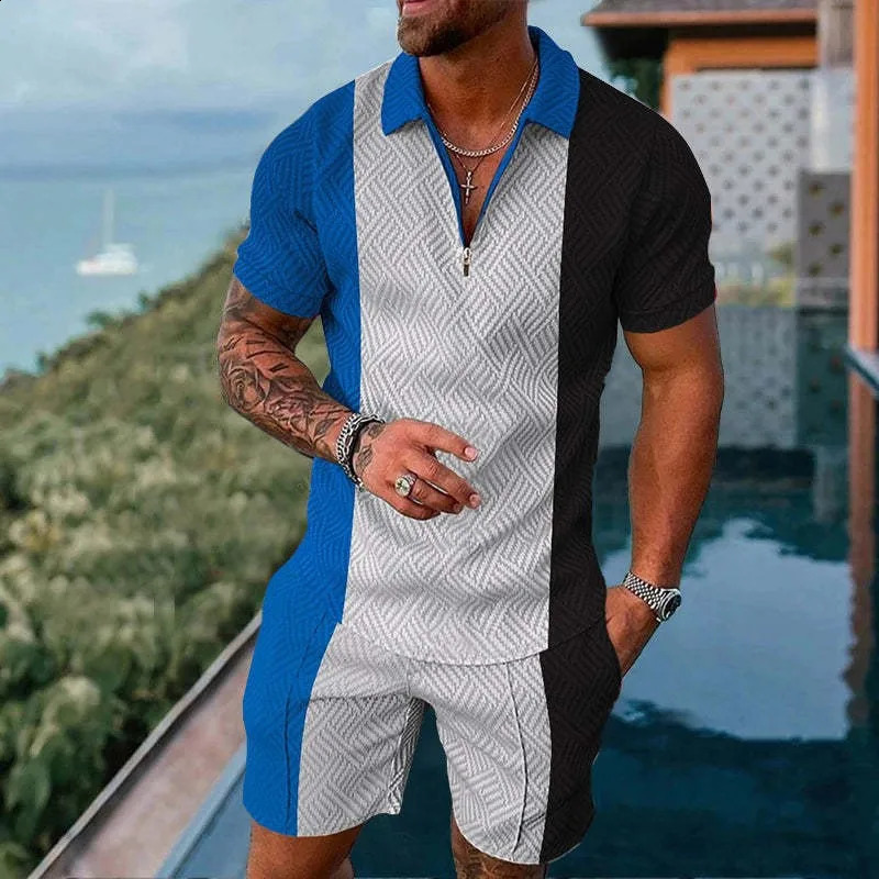 European and American Mens 3DPOLO Shirt Set with Collar Short Sleeve Floral Casual Fashion Two Piece 240822