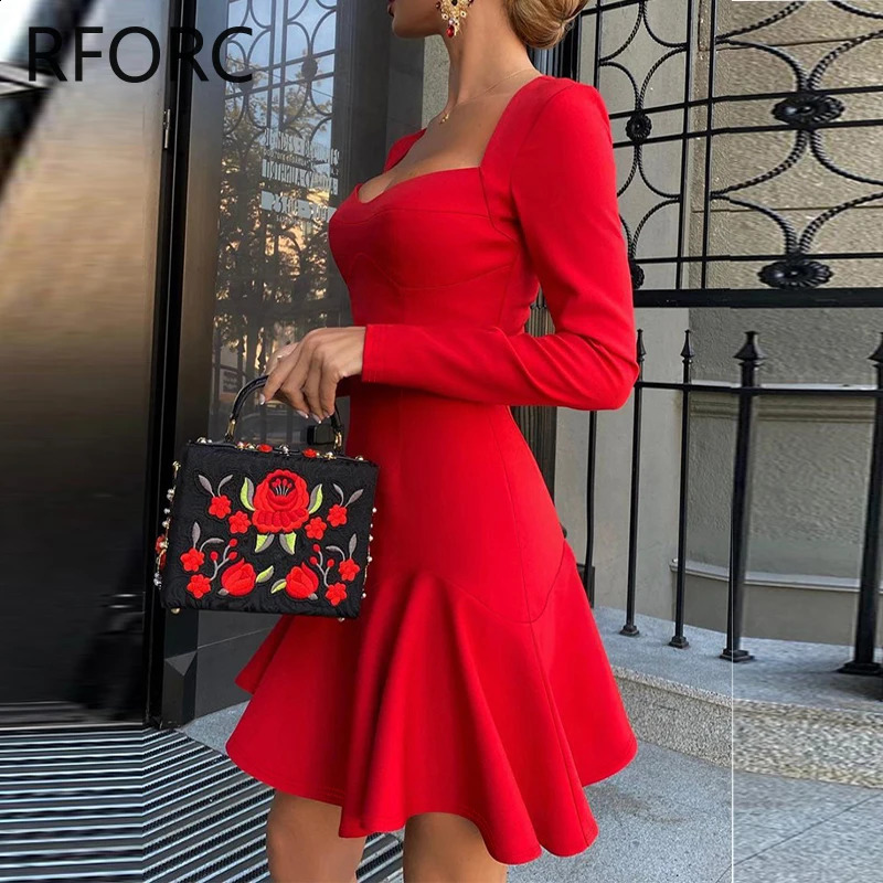 Women Solid Long Sleeves Skinny Ruffle Hem Mini Bodycon Formal Party Red Dress 240823