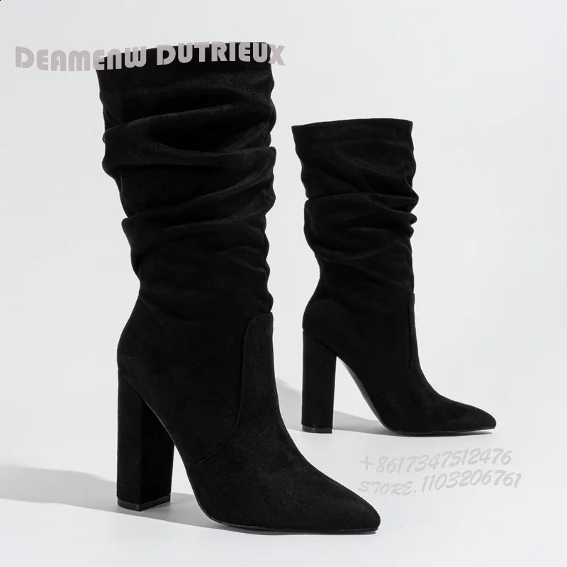 Corduroy Black Loose Stacked Boots Womens Pointed Toe Apricot Tree Casual Folding Office Womens Boots Concise Red Sexy Spring Shoes 240823
