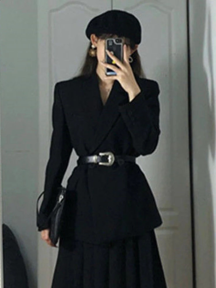 Xgoth Autumn Elegant Suit Long-sleeved Straight Shoulder Blazer Jacket High Waist Long Skirt Office Lady Two-piece Sets 240823