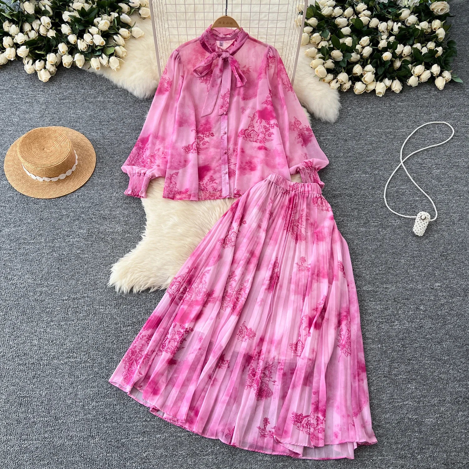 Women Chic Print Sweet Two Pieces Sets Bow Lantern Long Sleeve Top High Waitst Wide Skirt Fashion Summer Sets 240823