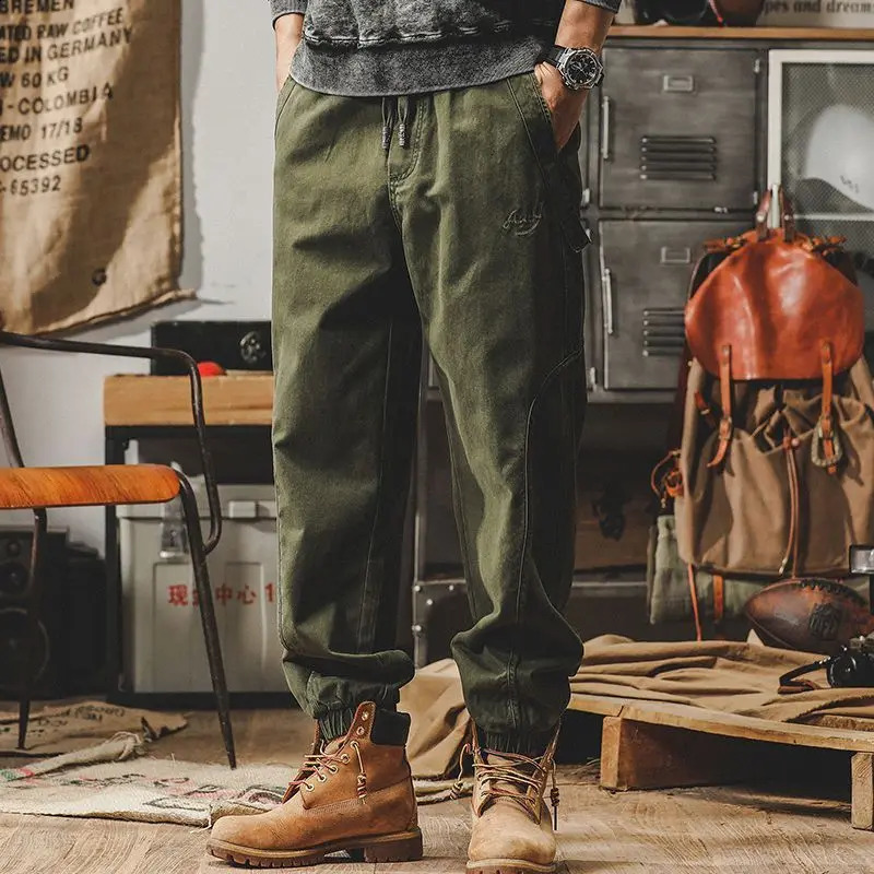 Spring and autumn solid color elastic waist handle pocket mens casual loose trend leggings commodity pants 240823